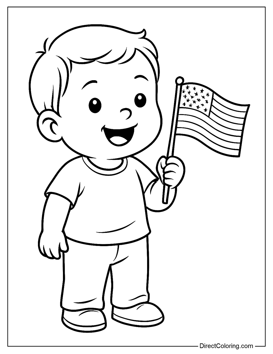A little coloring page of a baby holding an American flag for the first time, with a happy face.